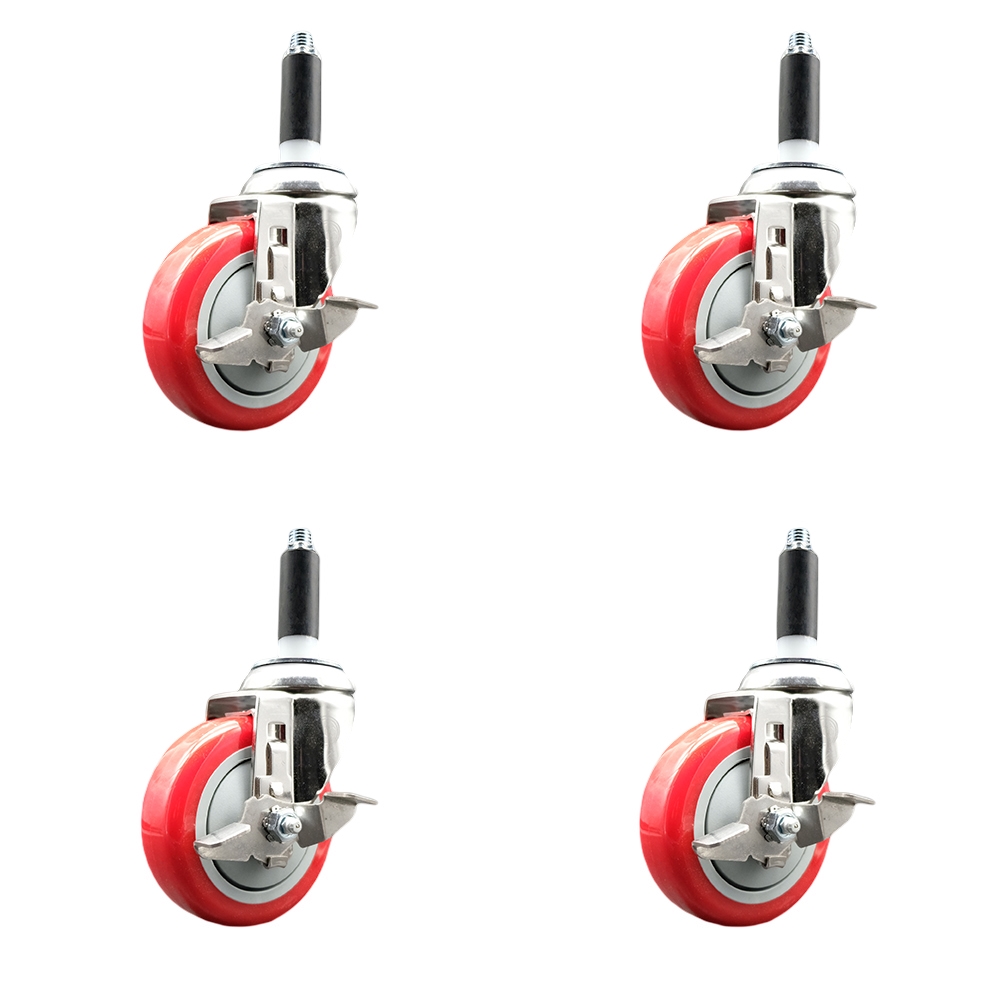 Polyurethane Swivel Stem Caster with 4 in. Red Caster Wheels, 0.75 in. Expanding Stems - 316 Stainless Steel Casters - Set of 4