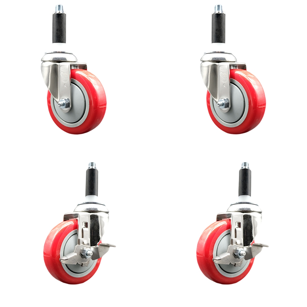 Polyurethane Swivel Stem Caster with 4 in. Red Caster Wheels, 0.75 in. Expanding Stems - 316 Stainless Steel Casters - Set of 4