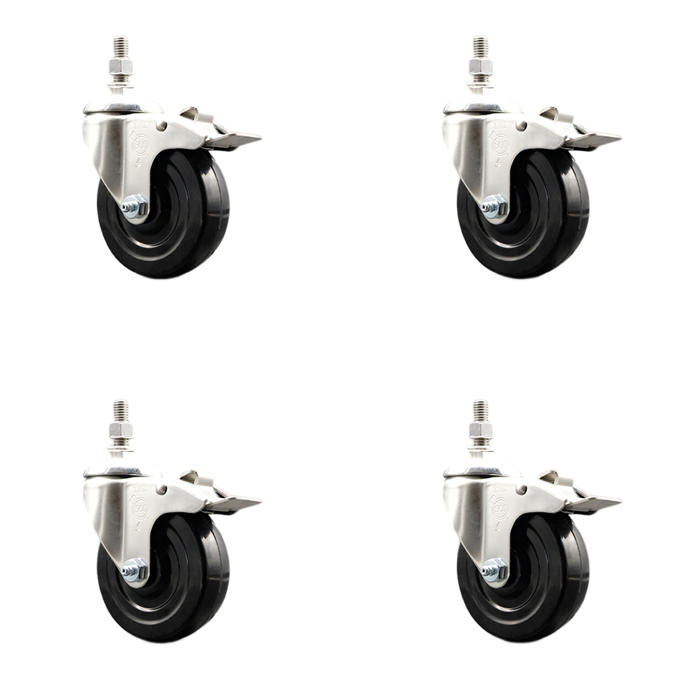 Soft Rubber Swivel Stem Caster with 4 in. Caster Wheels 0.38 in. Threaded Stems 316 Stainless Steel Casters - Set of 4
