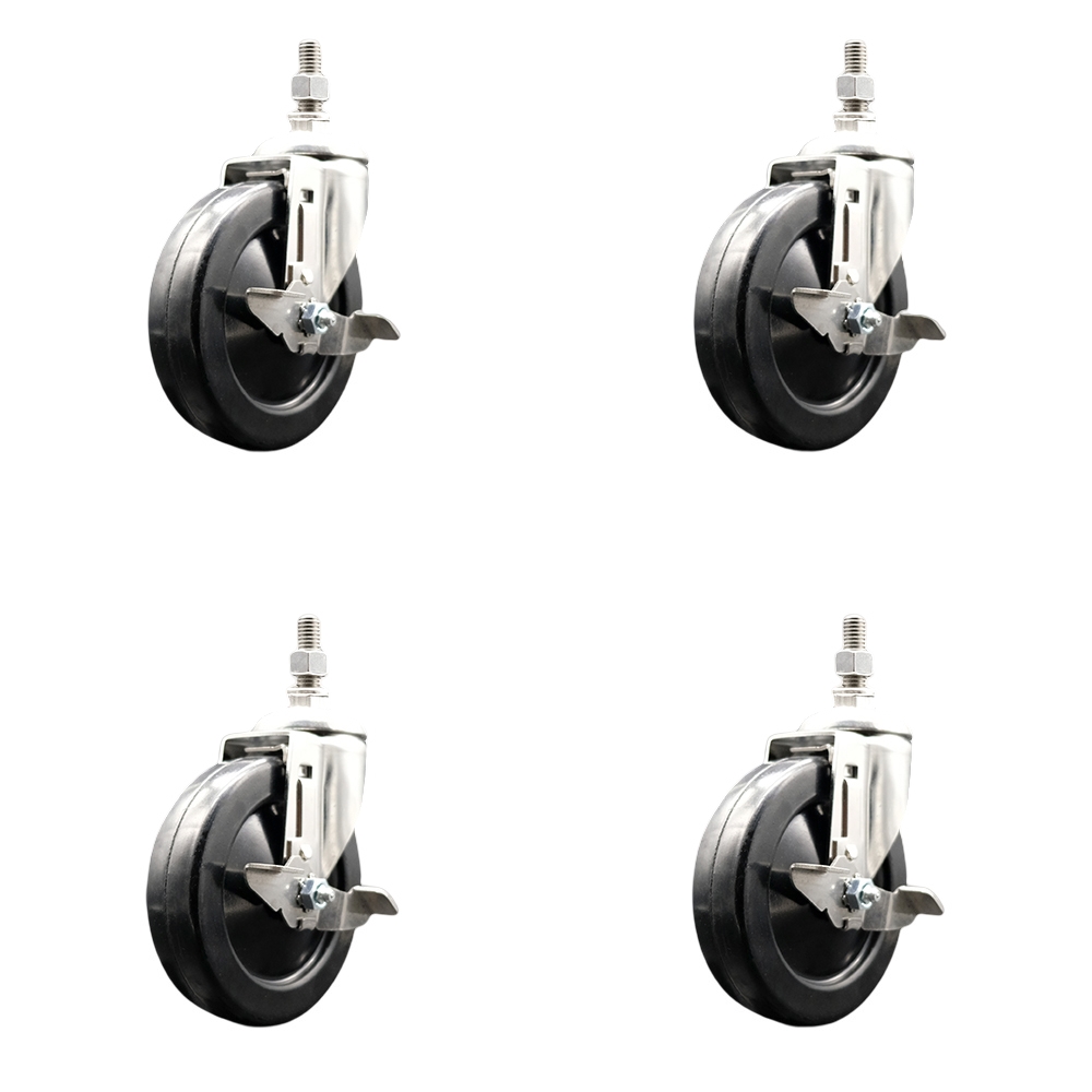 SCC-SS316TS20S514-SRS-TLB-M1015-4 Soft Rubber Swivel Stem Caster with 5 in. Caster Wheels 10 mm Threaded Stems 316 Stainless Steel Casters - Set of 4