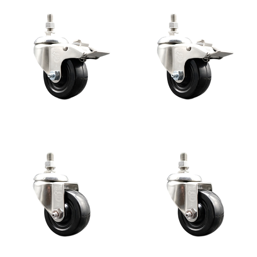 Soft Rubber Swivel Stem Caster with 3 in. Caster Wheels 12 mm Threaded Stems 316 Stainless Steel Caster - Set of 4