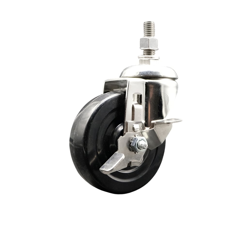 Soft Rubber Swivel Stem Caster with 4 in. Black Caster Wheel & Top Lock Brake 12 mm Threaded Stem 316 Stainless Steel Caster