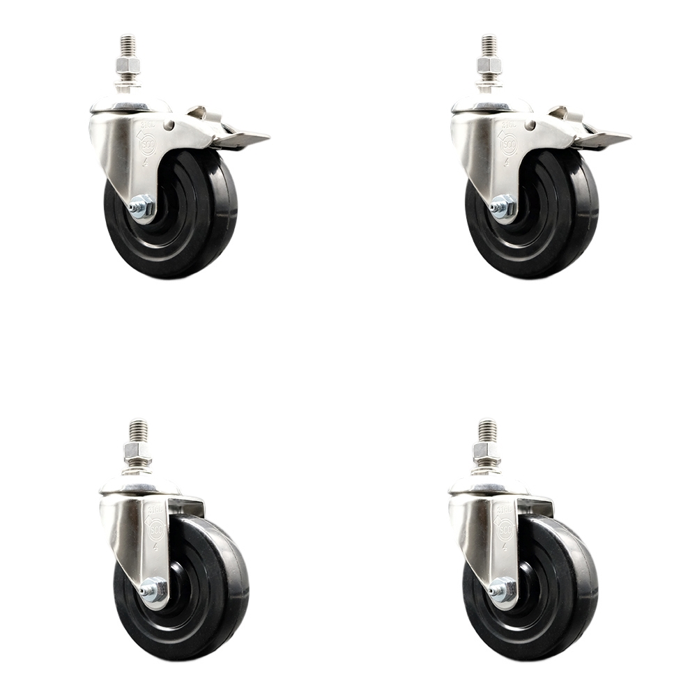 Soft Rubber Swivel Stem Caster with 4 in. Caster Wheels 12 mm Threaded Stems 316 Stainless Steel Caster - Set of 4