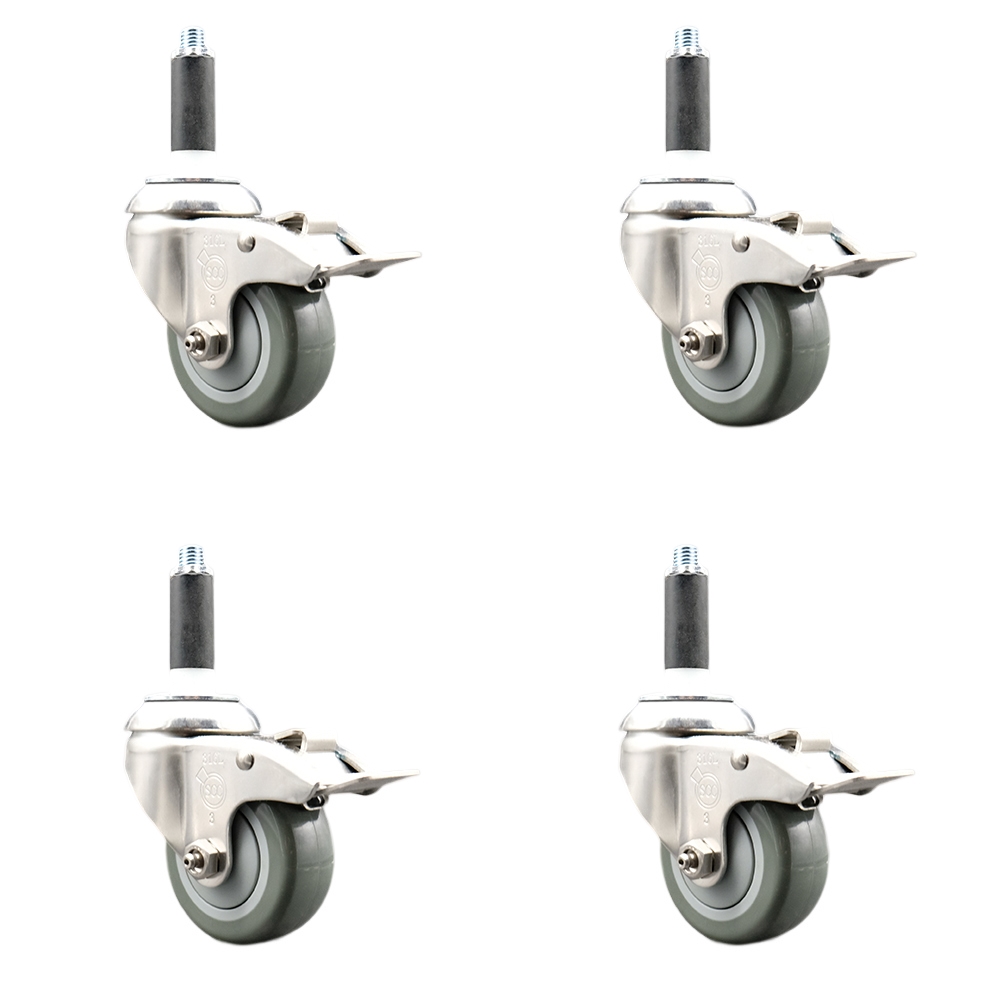 Polyurethane Swivel Stem Caster with 3 in. Gray Caster Wheels, 0.75 in. Expanding Stems - 316 Stainless Steel Casters - Set of 4
