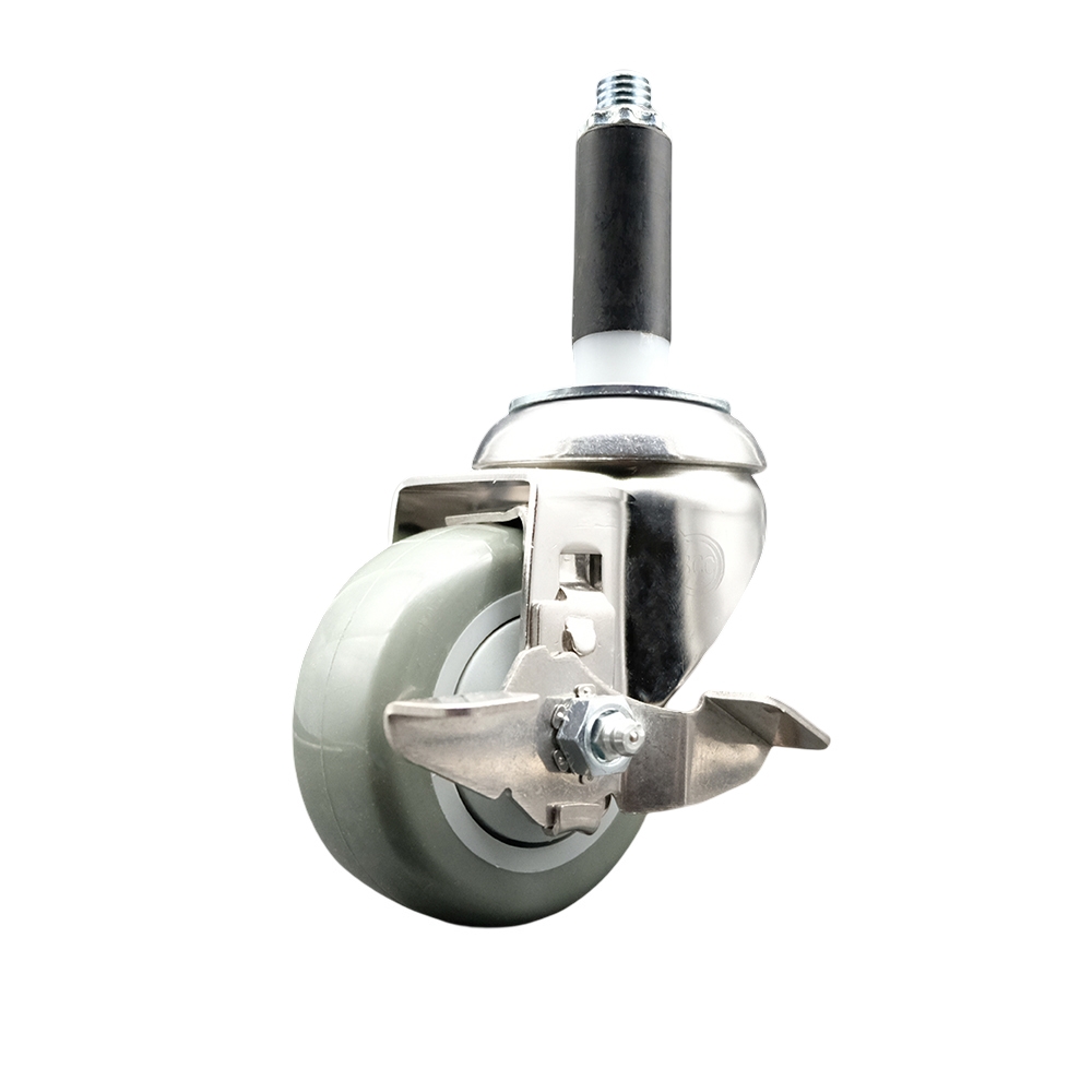 Polyurethane Swivel Stem Caster with 3.5 in. Gray Caster Wheels & Top Lock Brake, 0.75 in. Expanding Stem - 316 Stainless Steel Caster
