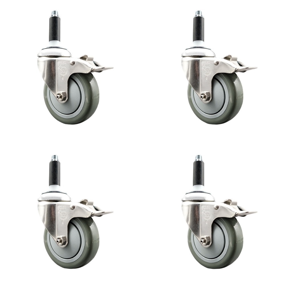 Polyurethane Swivel Stem Caster with 4 in. Gray Caster Wheels, 0.75 in. Expanding Stems - 316 Stainless Steel Casters - Set of 4