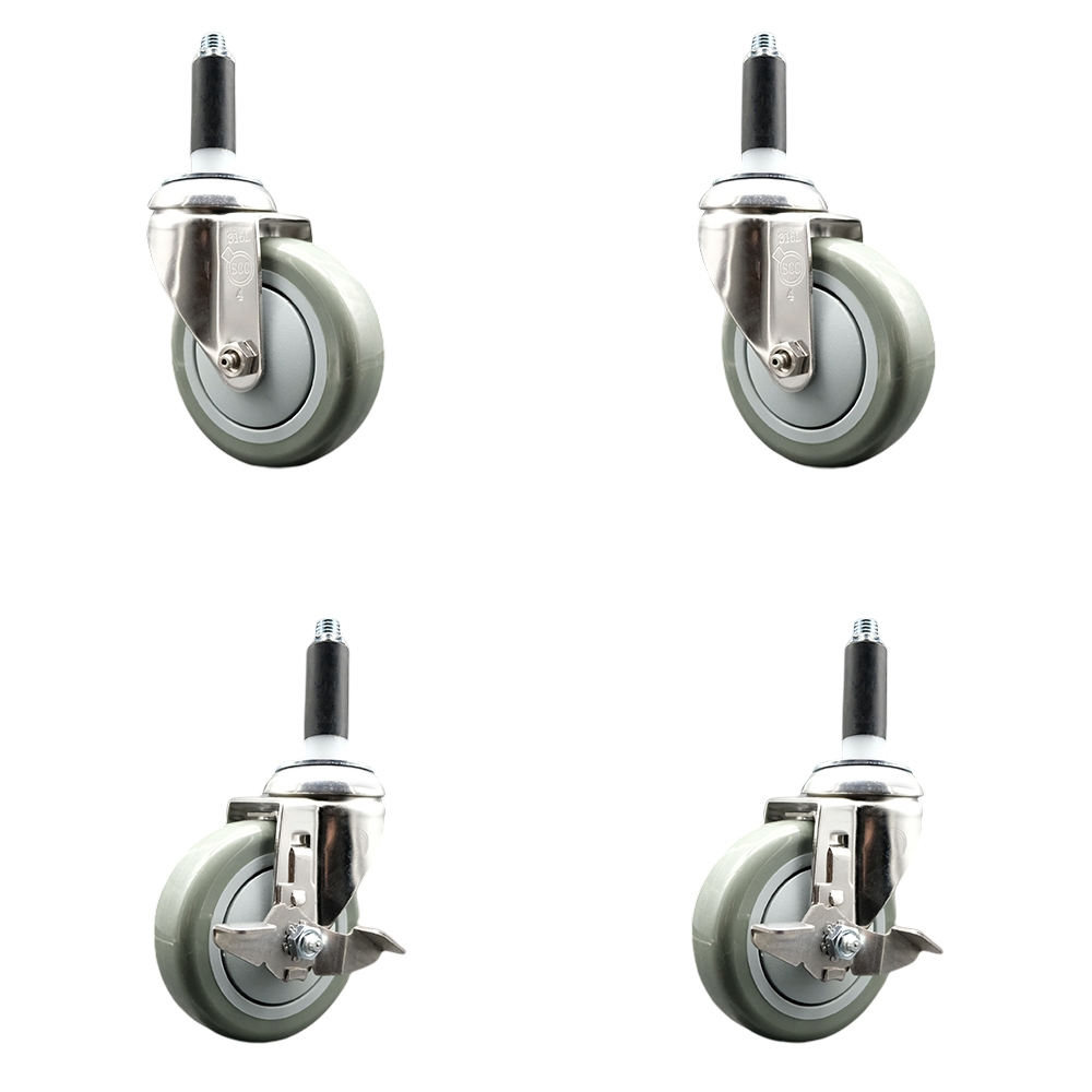 Polyurethane Swivel Stem Caster with 4 in. Gray Caster Wheels, 0.75 in. Expanding Stems - 316 Stainless Steel Casters - Set of 4