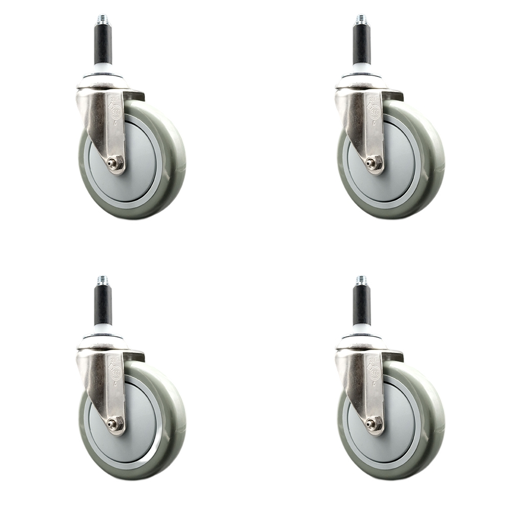 Polyurethane Swivel Stem Caster with 5 in. Gray Caster Wheels, 0.75 in. Expanding Stems - 316 Stainless Steel Casters - Set of 4