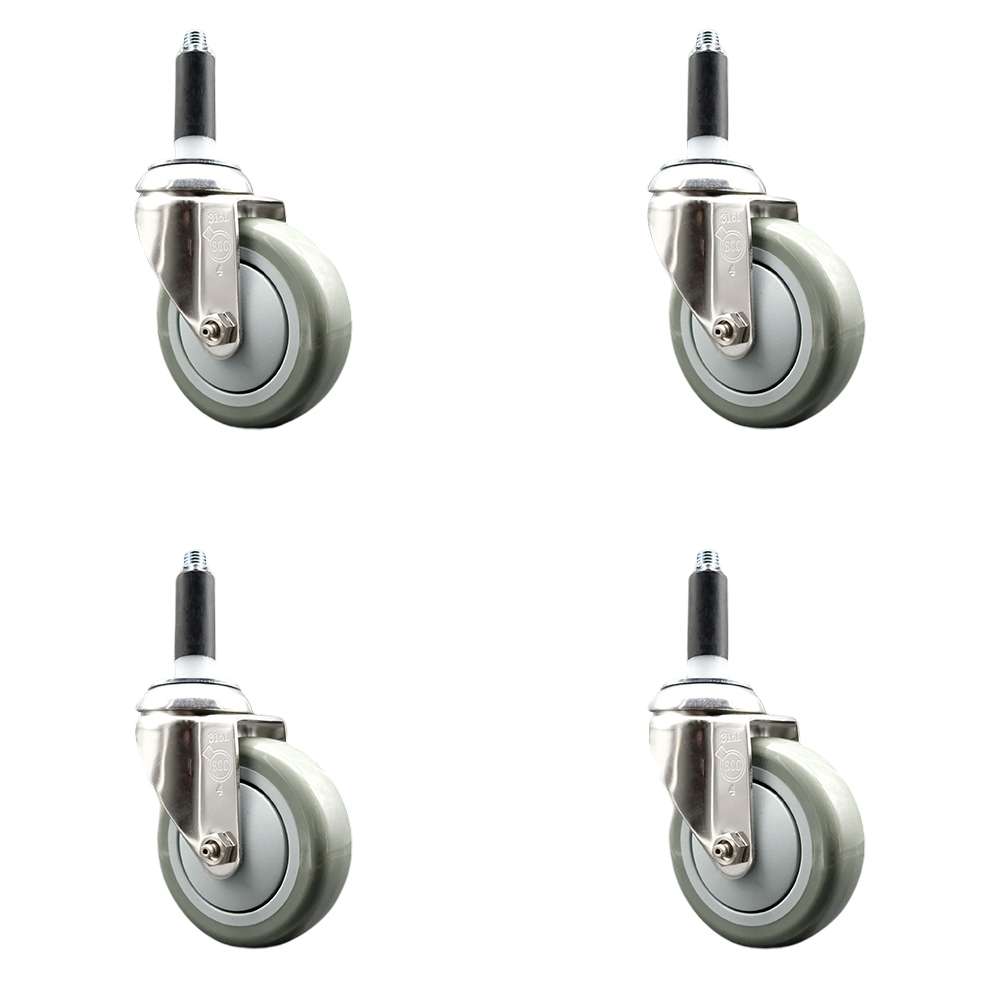 Polyurethane Swivel Stem Caster with 4 in. Gray Caster Wheels, 0.87 in. Expanding Stems - 316 Stainless Steel Casters - Set of 4