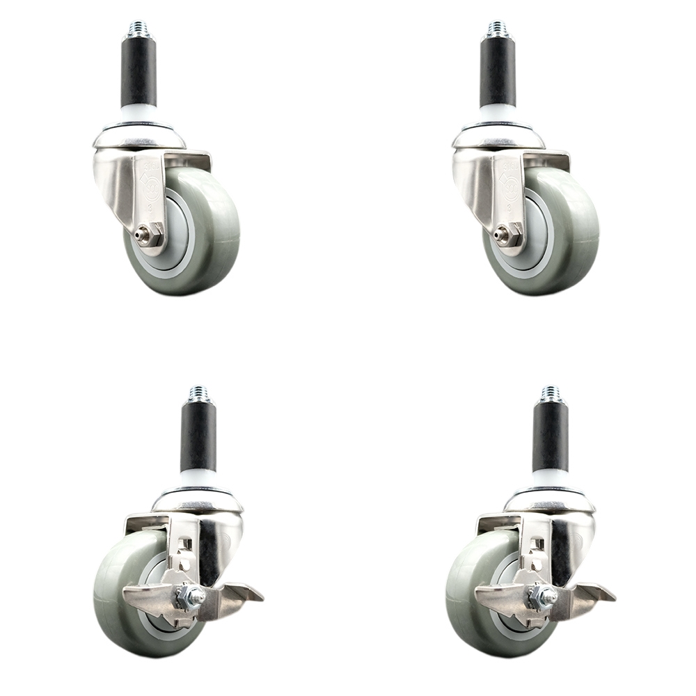 Polyurethane Swivel Stem Caster with 3 in. Gray Caster Wheels, 1 in. Expanding Stems - 316 Stainless Steel Casters - Set of 4