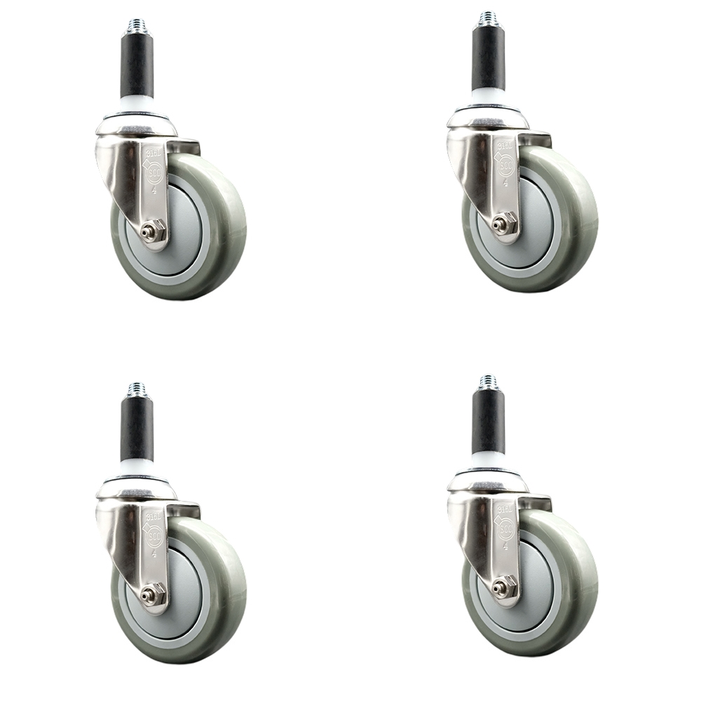 Polyurethane Swivel Stem Caster with 4 in. Gray Caster Wheels, 1 in. Expanding Stems - 316 Stainless Steel Casters - Set of 4