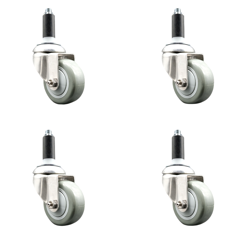 Polyurethane Swivel Stem Caster with 3 in. Gray Caster Wheels, 1.13 in. Expanding Stems - 316 Stainless Steel Casters - Set of 4