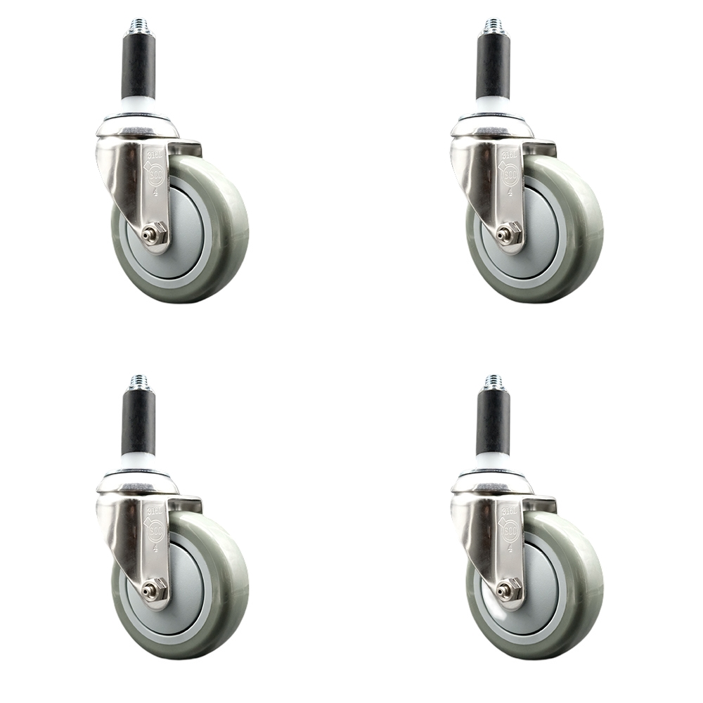 Polyurethane Swivel Stem Caster with 4 in. Gray Caster Wheels, 1.13 in. Expanding Stems - 316 Stainless Steel Casters - Set of 4