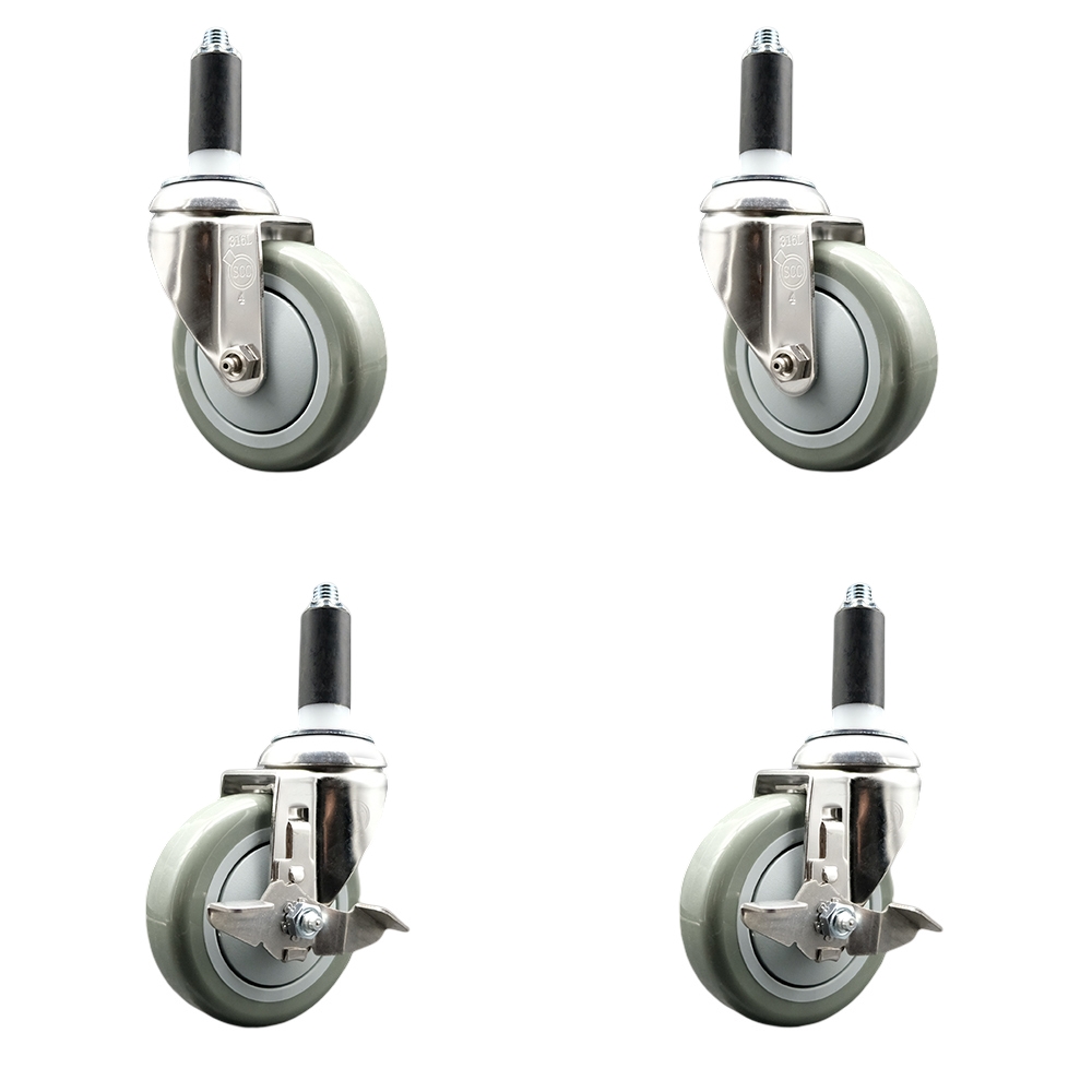 Polyurethane Swivel Stem Caster with 4 in. Gray Caster Wheels, 1.13 in. Expanding Stems - 316 Stainless Steel Casters - Set of 4