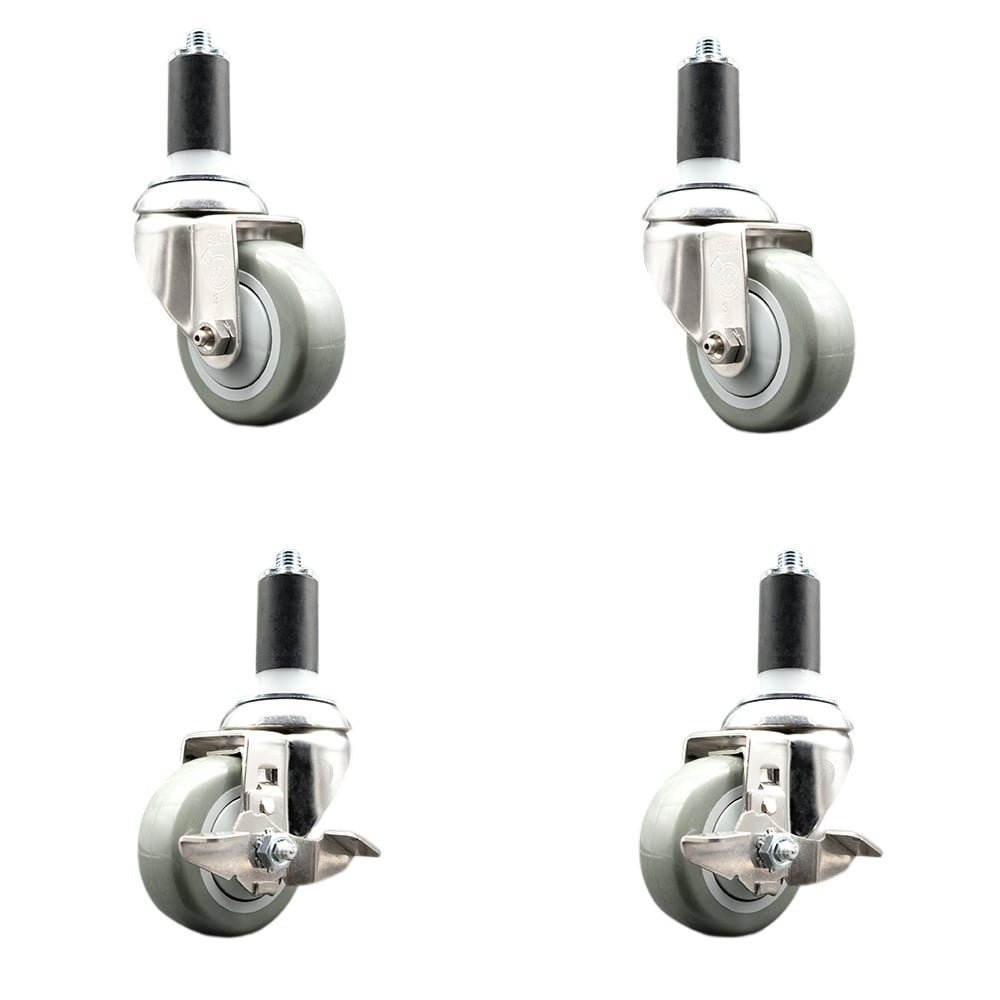 Polyurethane Swivel Stem Caster with 3.5 in. Gray Caster Wheels, 1.25 in. Expanding Stems - 316 Stainless Steel Casters - Set of 4