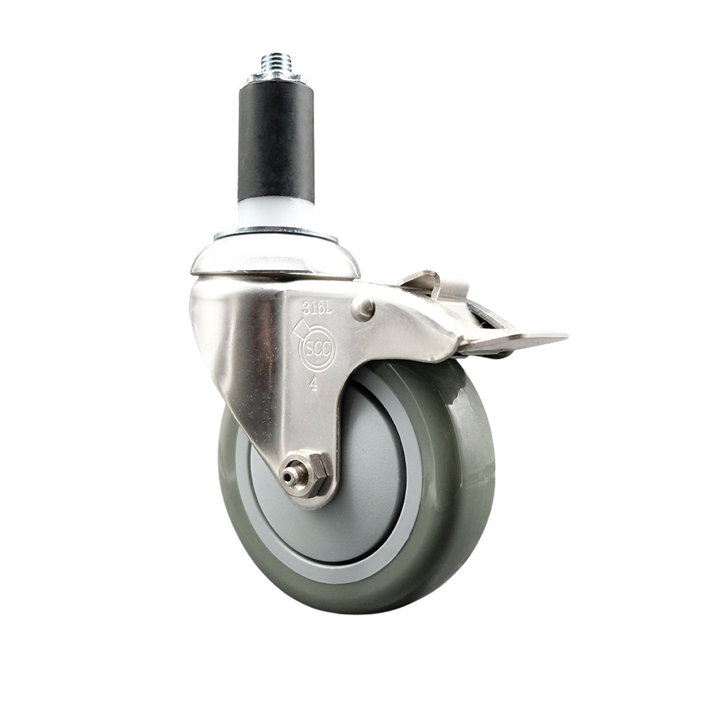 Polyurethane Swivel Stem Caster with 4 in. Gray Caster Wheels & Total Lock Brake, 1.25 in. Expanding Stem - 316 Stainless Steel Caster