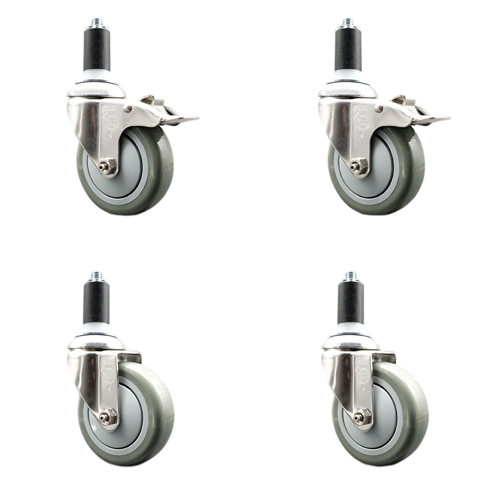 Polyurethane Swivel Stem Caster with 4 in. Gray Caster Wheels, 1.25 in. Expanding Stem - 316 Stainless Steel Casters - Set of 4