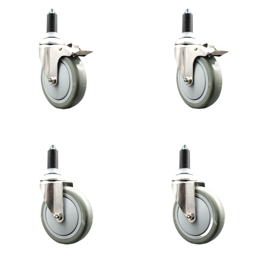 Polyurethane Swivel Stem Caster with 5 in. Gray Caster Wheels, 1.25 in. Expanding Stem - 316 Stainless Steel Casters - Set of 4
