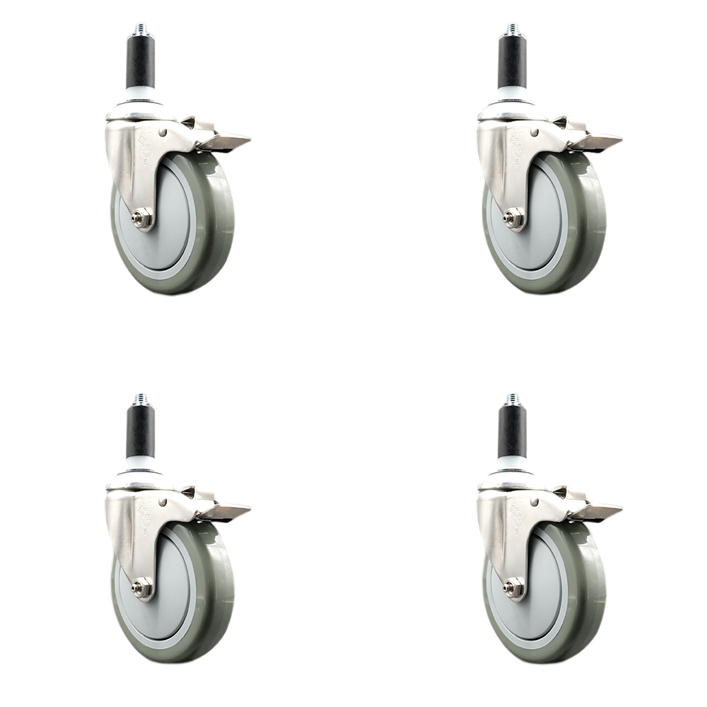 Polyurethane Swivel Stem Caster with 5 in. Gray Caster Wheels, 1.38 in. Expanding Stems - 316 Stainless Steel Casters - Set of 4