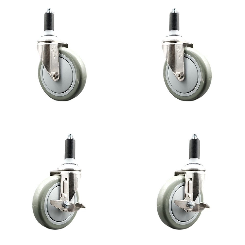 Polyurethane Swivel Stem Caster with 5 in. Gray Caster Wheels, 1.38 in. Expanding Stems - 316 Stainless Steel Casters - Set of 4