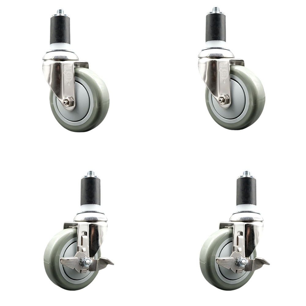 Polyurethane Swivel Stem Caster with 4 in. Gray Caster Wheels, 1.63 in. Expanding Stems - 316 Stainless Steel Casters - Set of 4