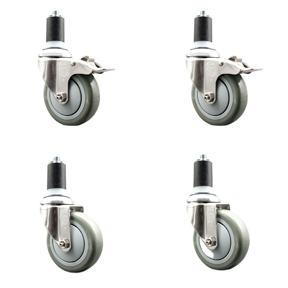 Polyurethane Swivel Stem Caster with 4 in. Gray Caster Wheels, 1.63 in. Expanding Stem - 316 Stainless Steel Casters - Set of 4