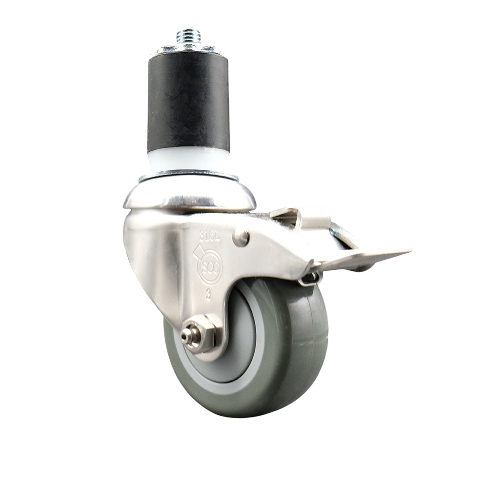 Polyurethane Swivel Stem Caster with 3 in. Gray Caster Wheels & Total Lock Brake, 1.75 in. Expanding Stem - 316 Stainless Steel Caster