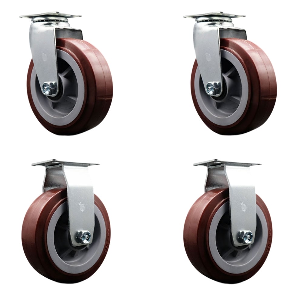 SCC-20S620-PPUR-2-R-2 Swivel & Rigid Top Plate Caster Set, Maroon - 6 in. by 2 in. Polyurethane on Polyolefin Wheel Roller Bearing
