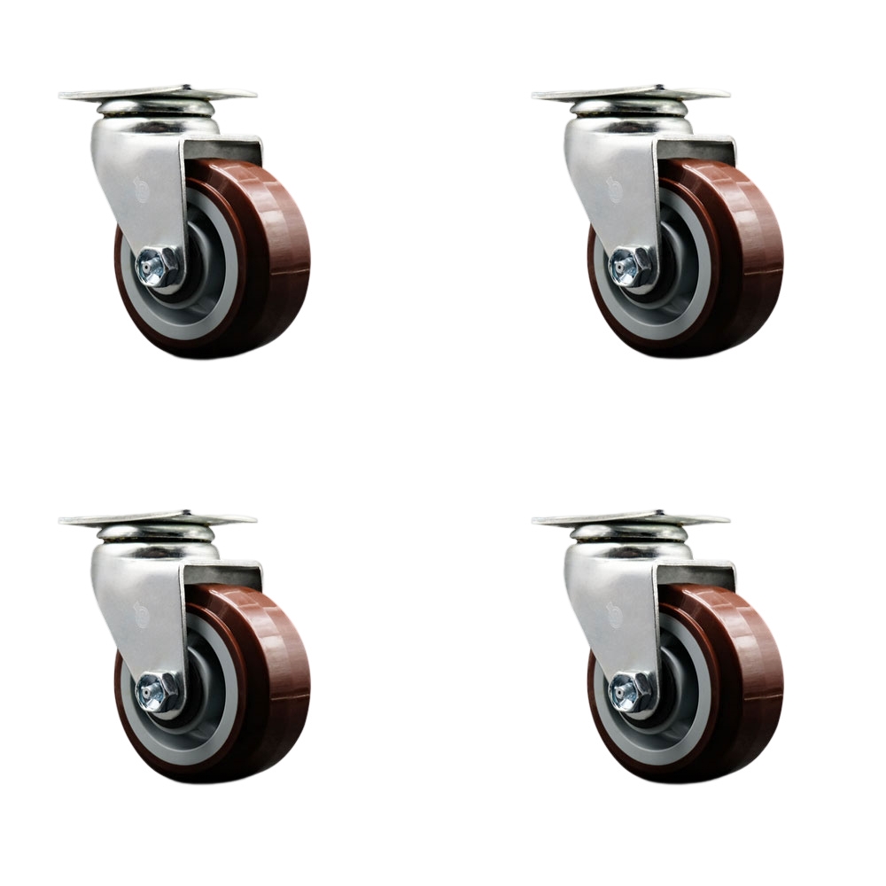 SCC-20S420-PPUB-4 Swivel Top Plate Caster Set, Maroon - 4 in. by 2 in. Polyurethane on Polyolefin Wheel Ball Bearing