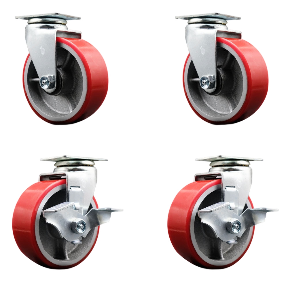 SCC-20S520-PUB-RS-2-TLB-2 Swivel Top Plate Caster Set, Red - 5 in. by 2 in. Polyurethane on Cast Iron Wheel Ball Bearing