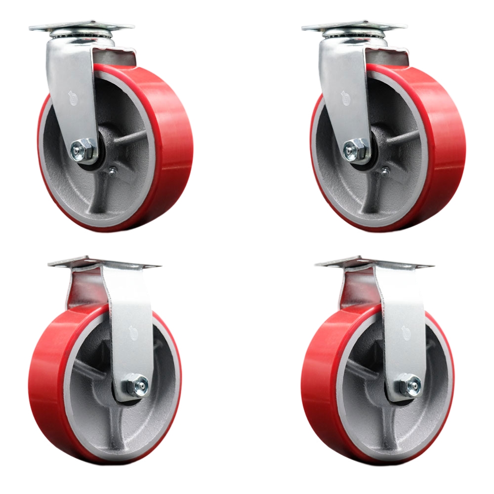 SCC-20S620-PUB-RS-2-R-2 Swivel & Rigid Top Plate Caster Set, Red - 6 in. by 2 in. Polyurethane on Cast Iron Wheel Ball Bearing