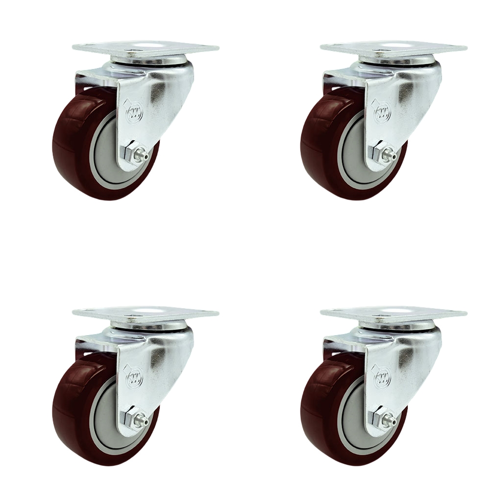 SCC-20S314-PPUB-MRN-TP2-4 Swivel Caster with 3 in. Maroon Polyurethane Wheel - 3.13 x 4.13 in. Overall Top Plate - Set of 4