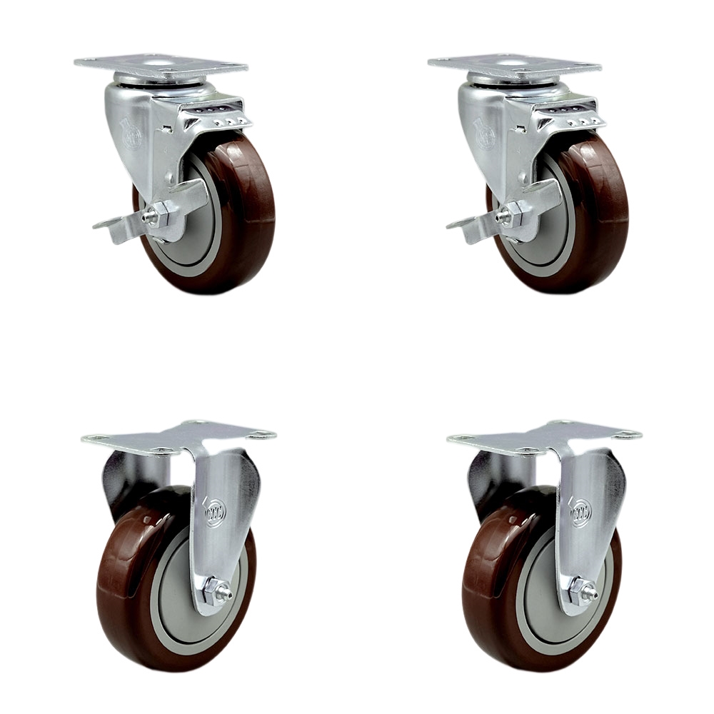 Swivel Caster with 2 Brakes & 2 Rigid, 4 in. Maroon Polyurethane Wheel - 3.13 x 4.13 in. Overall Top Plate - Set of 4