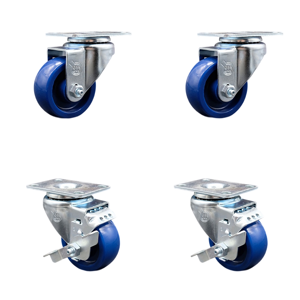 SCC-20S314-SPUS-TP2-2-TLB-2 Swivel Caster with 2 Brakes, 3 in. Solid Polyurethane Wheel - 3.13 x 4.13 in. Overall Top Plate - Set of 4