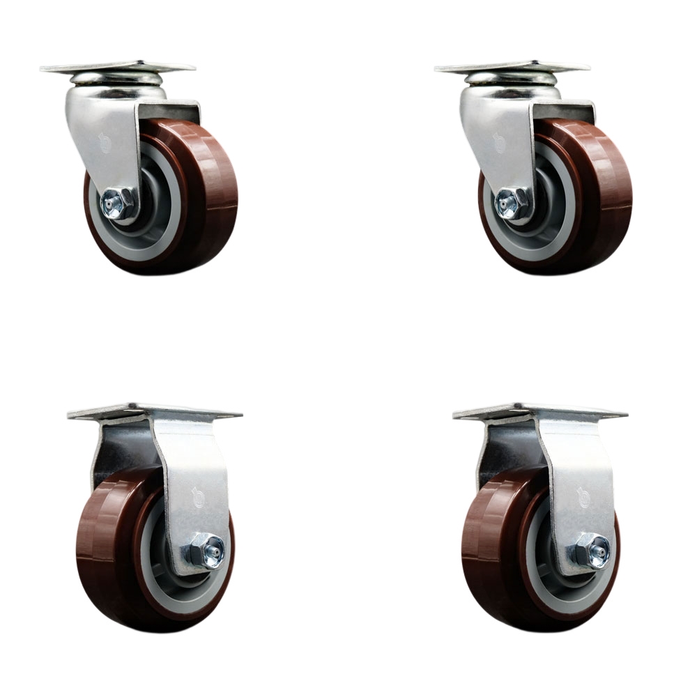 SCC-20S420-PPUR-2-R-2 Swivel & Rigid Top Plate Caster Set, Maroon - 4 in. by 2 in. Polyurethane on Polyolefin Wheel Roller Bearing