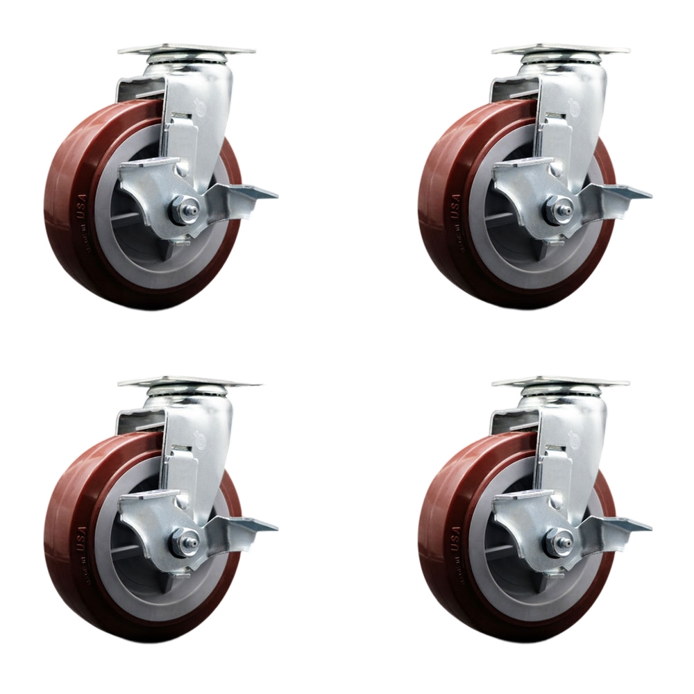 SCC-20S620-PPUR-TLB-4 Swivel Top Plate Caster Set, Maroon - 6 in. by 2 in. Polyurethane on Polyolefin Wheel Roller Bearing