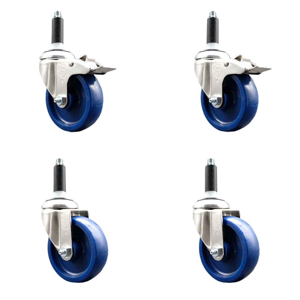 Solid Poly Swivel Stem Caster with 4 in. Blue Caster Wheels, 0.87 in. Expanding Stem - 316 Stainless Steel Casters - Set of 4