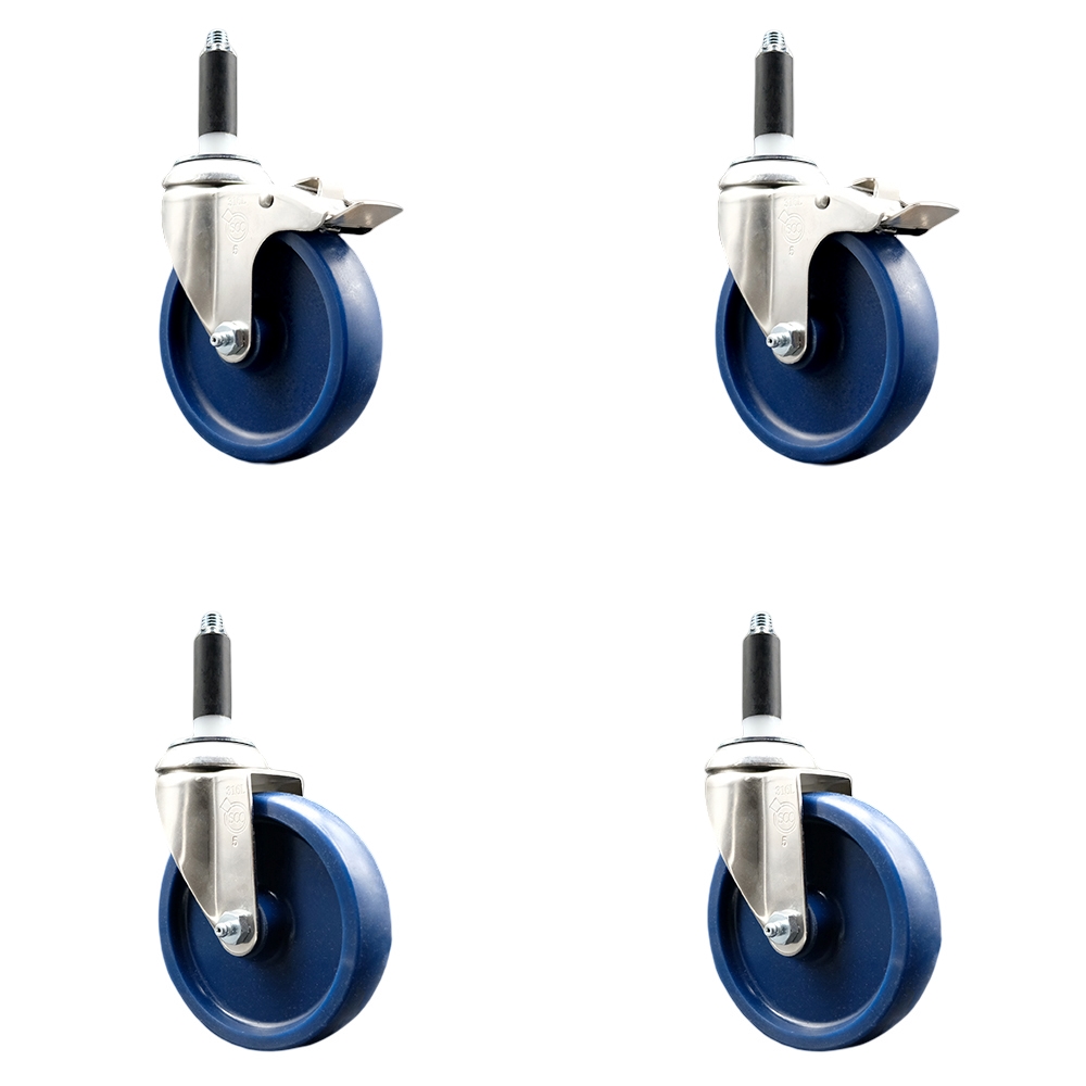 Solid Poly Swivel Stem Caster with 5 in. Blue Caster Wheels, 0.87 in. Expanding Stem - 316 Stainless Steel Casters - Set of 4