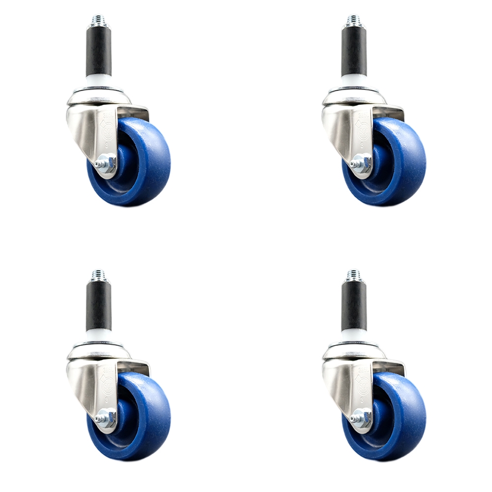 Solid Polyurethane Swivel Stem Caster with 3 in. Blue Caster Wheels, 1 in. Expanding Stems - 316 Stainless Steel Casters - Set of 4