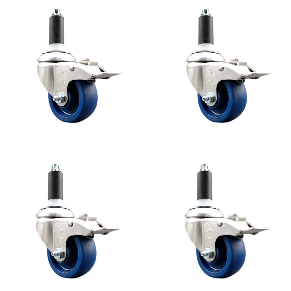 Solid Polyurethane Swivel Stem Caster with 3.5 in. Blue Caster Wheels, 1 in. Expanding Stems - 316 Stainless Steel Casters - Set of 4