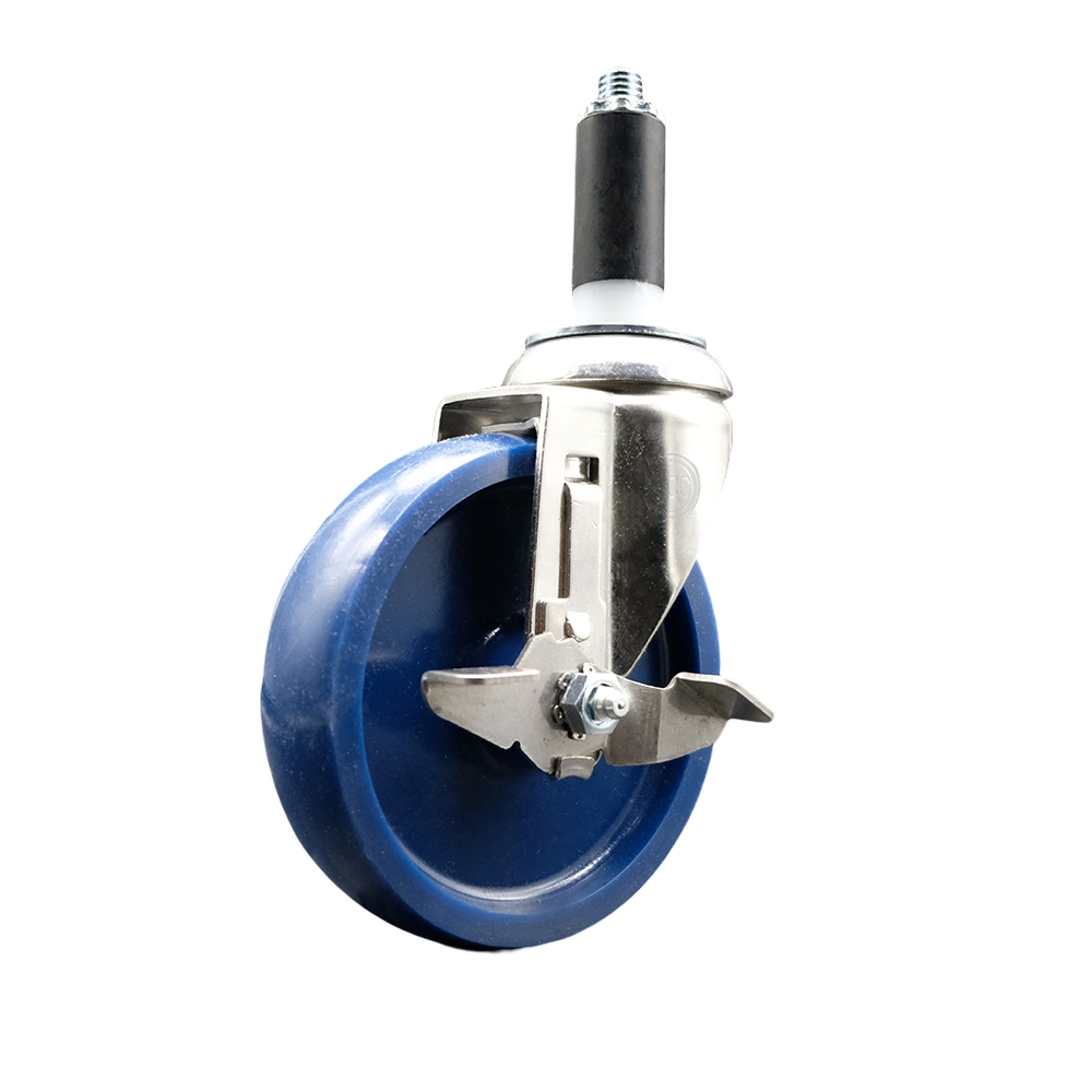 Solid Polyurethane Swivel Stem Caster with 5 in. Blue Caster Wheels & Top Lock Brake, 1.13 in. Expanding Stem - 316 Stainless Steel Caster
