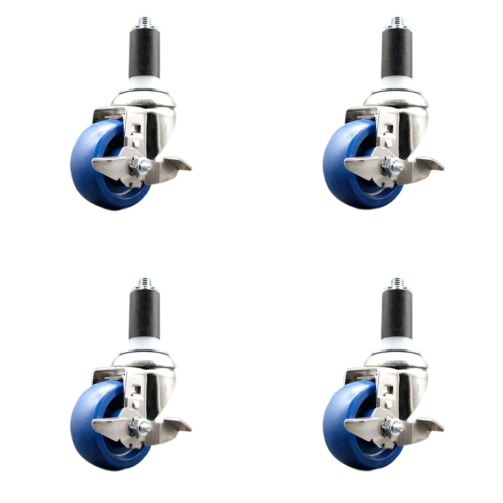 Solid Polyurethane Swivel Stem Caster with 3 in. Blue Caster Wheels, 1.25 in. Expanding Stems - 316 Stainless Steel Casters - Set of 4