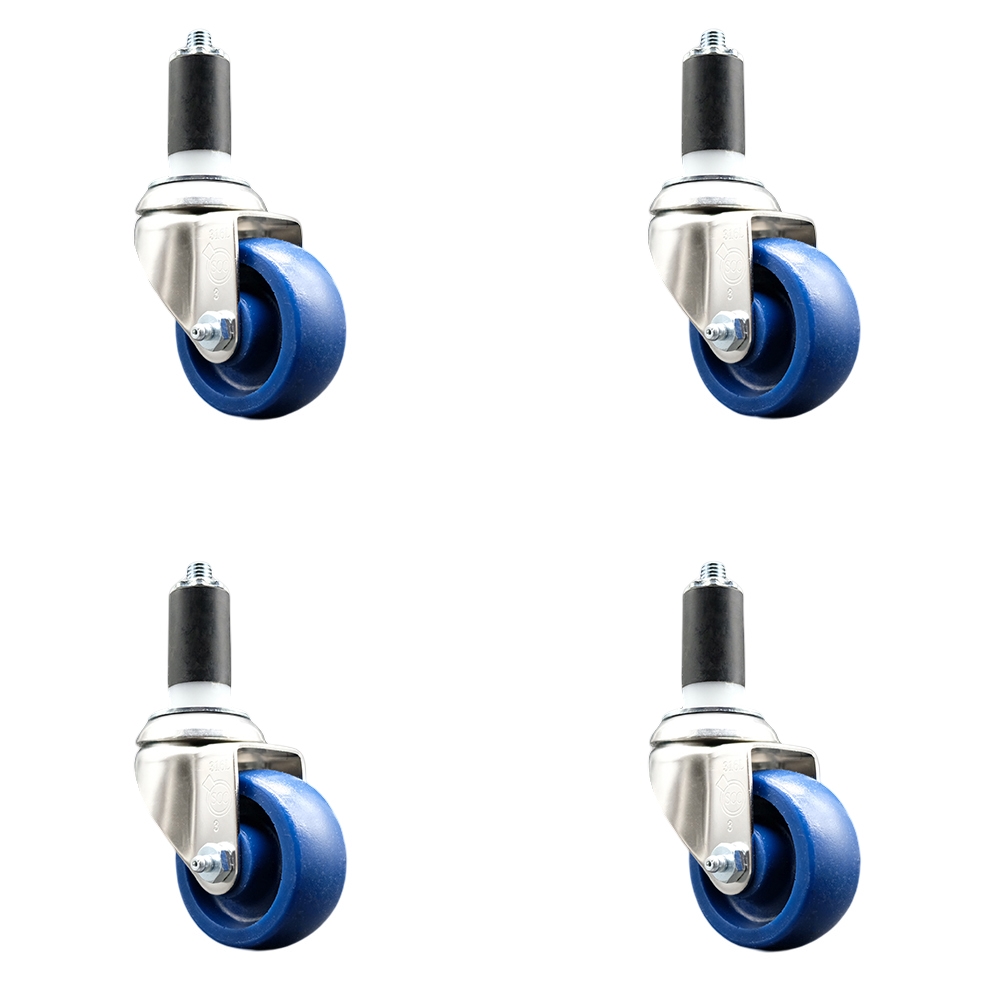 Solid Polyurethane Swivel Stem Caster with 3.5 in. Blue Caster Wheels, 1.25 in. Expanding Stems - 316 Stainless Steel Casters - Set of 4