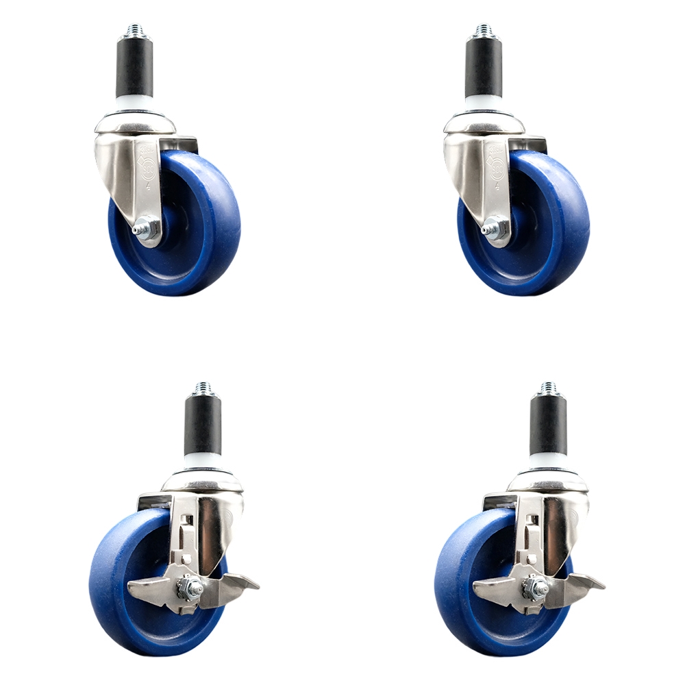 Solid Poly Swivel Stem Caster with 4 in. Blue Caster Wheels, 1.25 in. Expanding Stems - 316 Stainless Steel Casters - Set of 4