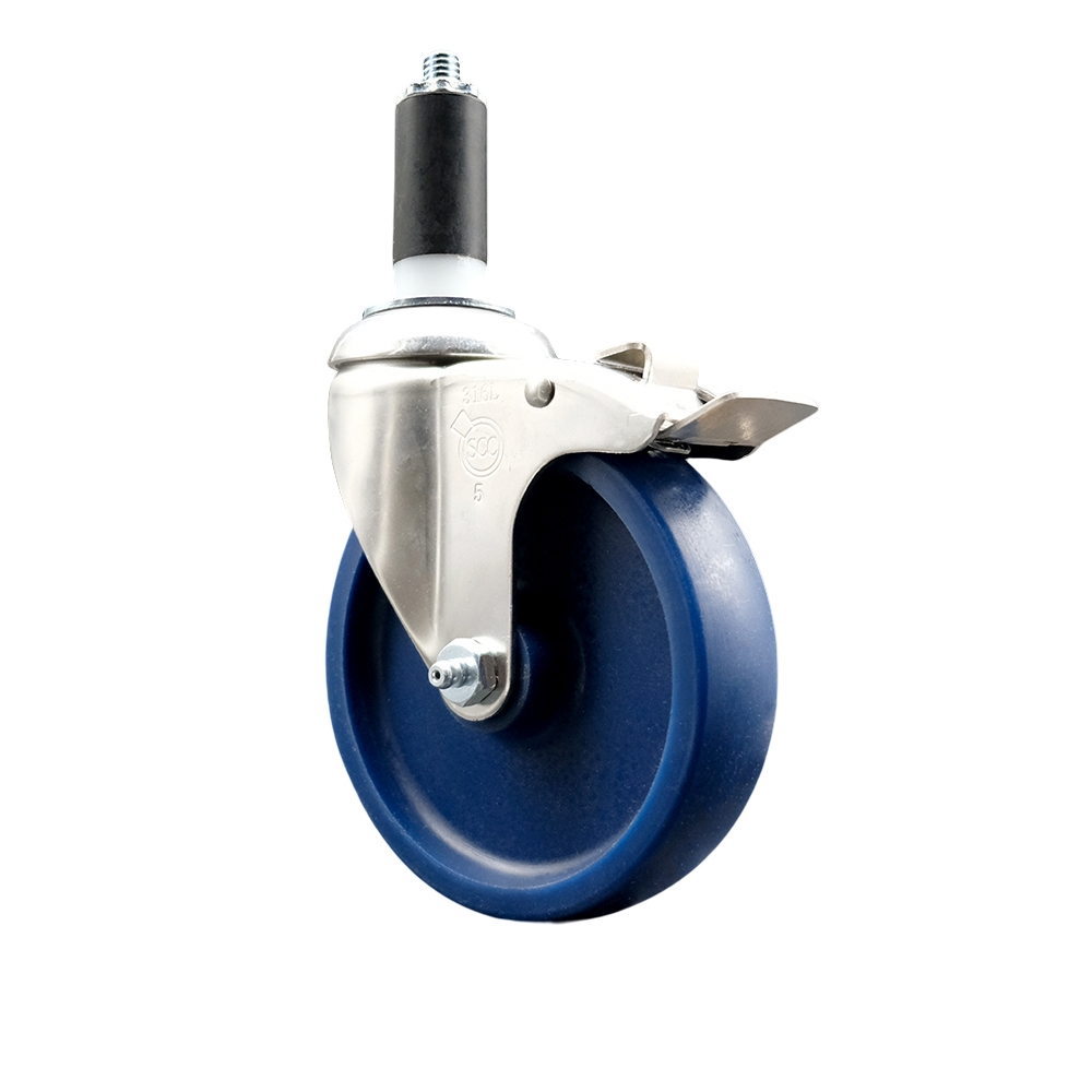 Solid Polyurethane Swivel Stem Caster with 5 in. Blue Caster Wheels & Total Lock Brake, 1.25 in. Expanding Stem - 316 Stainless Steel Caster