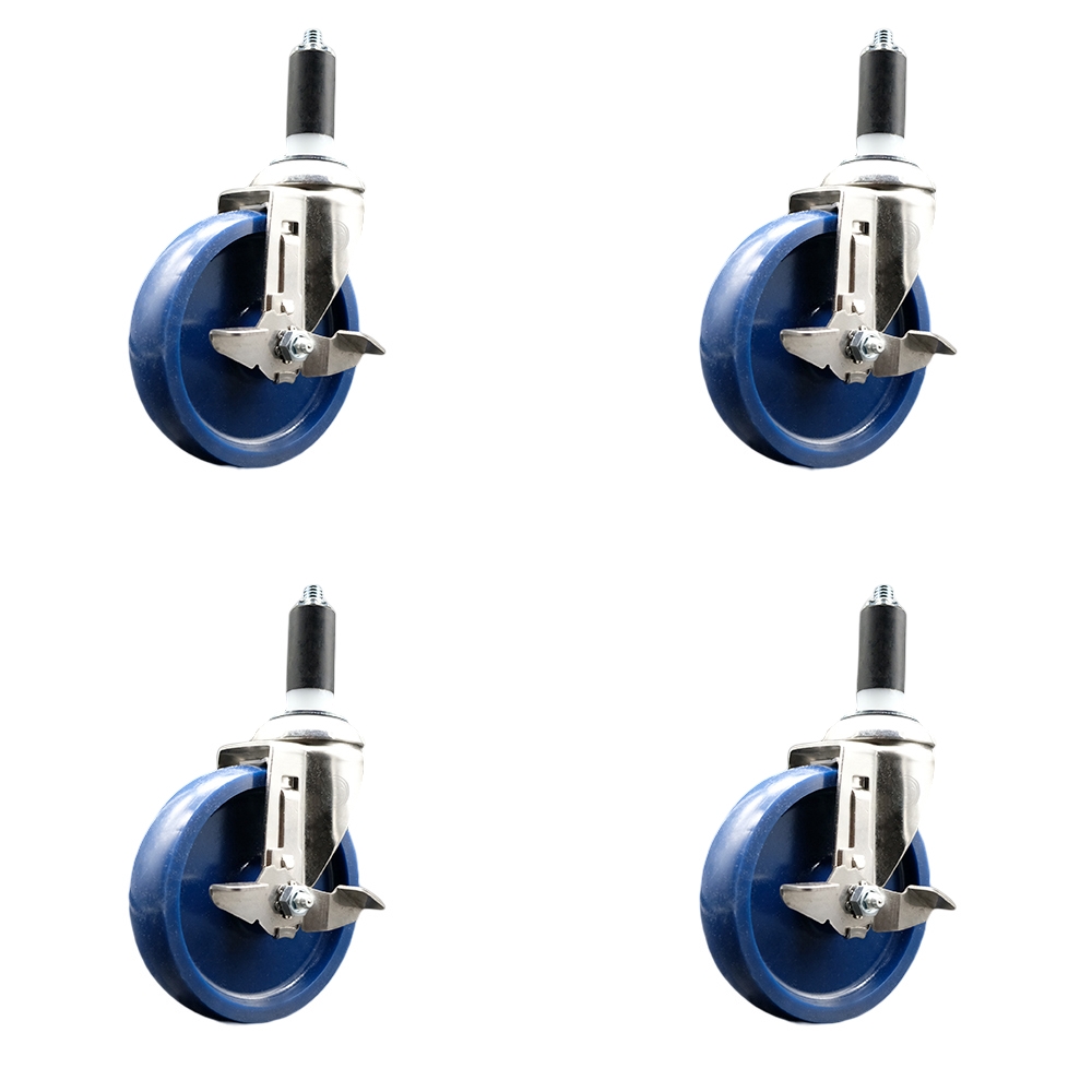 Solid Polyurethane Swivel Stem Caster with 5 in. Blue Caster Wheels, 1.25 in. Expanding Stems - 316 Stainless Steel Casters - Set of 4