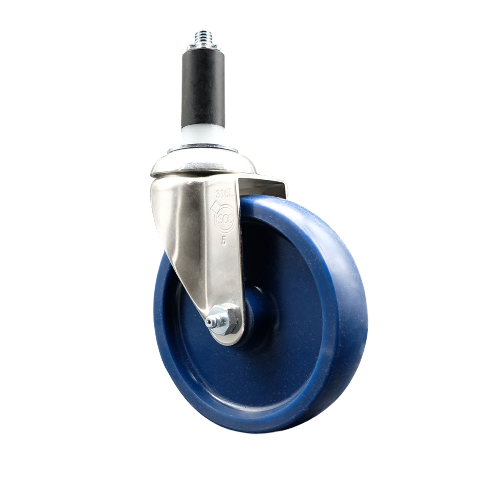 Solid Polyurethane Swivel Stem Caster with 5 in. Blue Caster Wheels, 1.38 in. Expanding Stem - 316 Stainless Steel Caster