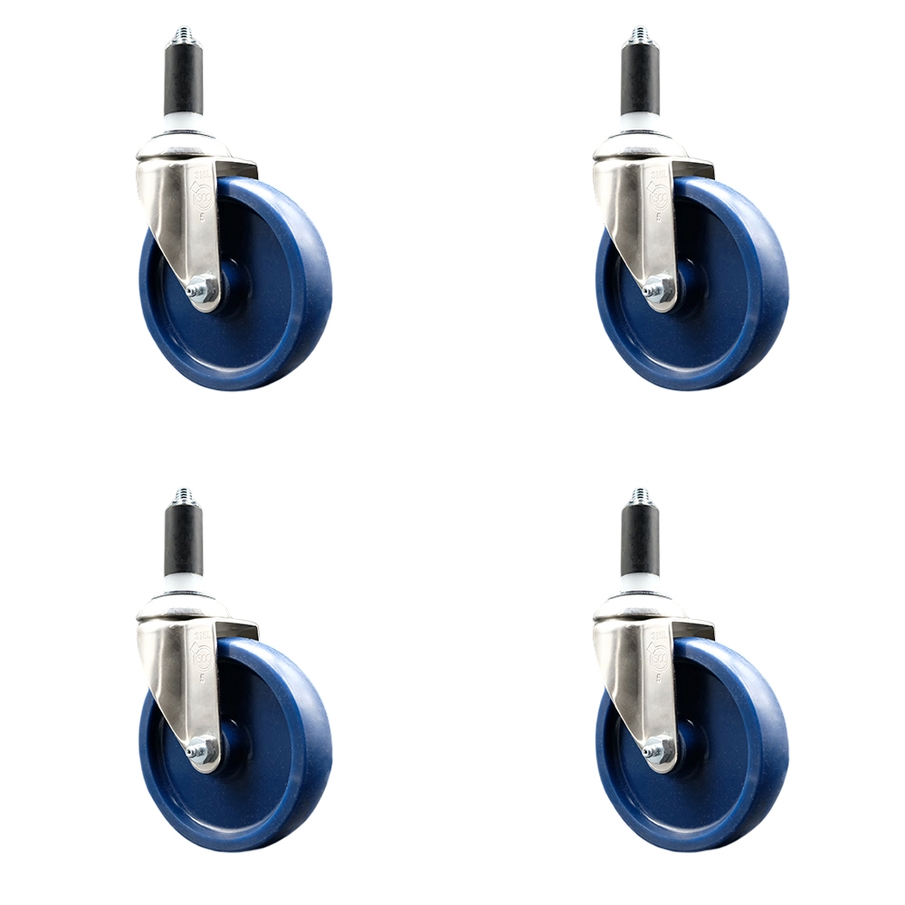 Solid Polyurethane Swivel Stem Caster with 5 in. Blue Caster Wheels, 1.38 in. Expanding Stems - 316 Stainless Steel Casters - Set of 4
