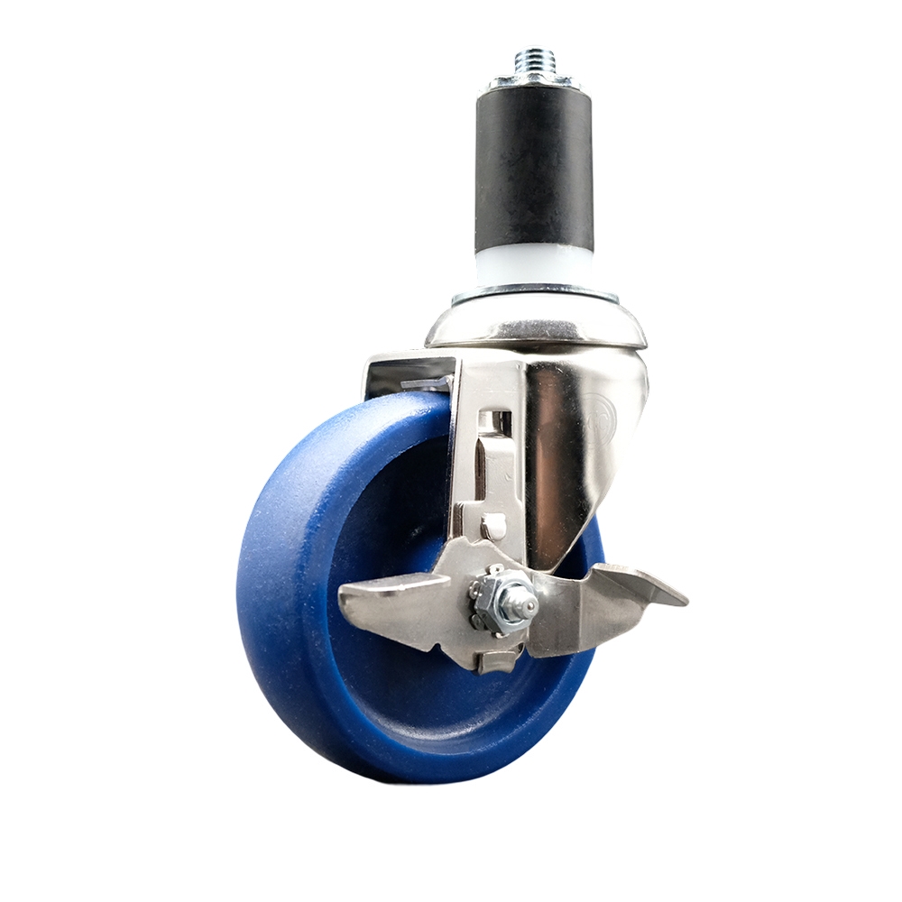 Solid Polyurethane Swivel Stem Caster with 4 in. Blue Caster Wheels & Top Lock Brake, 1.5 in. Expanding Stem - 316 Stainless Steel Caster