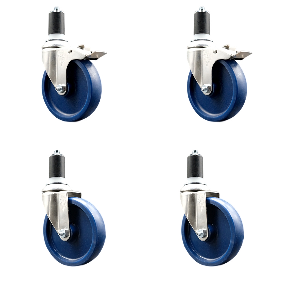 Solid Poly Swivel Stem Caster with 5 in. Blue Caster Wheels, 1.5 in. Expanding Stem - 316 Stainless Steel Casters - Set of 4